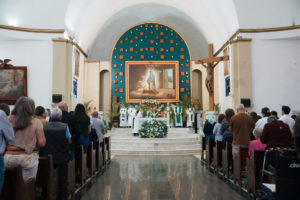 Pilgrims pray inside the Sanctuary of the Fifth Guadalupan Apparition in Tulpetlac, Mexico, on July 12. (Isabel Cacho)
