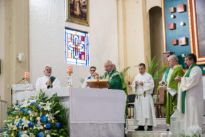 Archbishop José  H. Gomez presides over a Mass inside the Sanctuary of the Fifth Guadalupan Apparition in Tulpetlac, Mexico, on July 12. (Isabel Cacho)