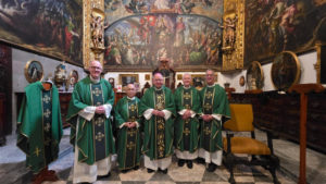 Archbishop José  H. Gomez poses with LA Auxiliary Bishops Slawomir Szkredka, Brian Nunes, Matthew Elshoff, and Marc Trudeau for Mass at the Mexico City Metropolitan Cathedral on July 10. (Isabel Cacho)
