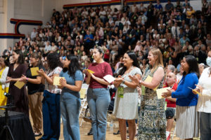 Educators who completed their catechist certification receive a blessing during the Welcome Back Mass on Aug. 5 at Cantwell-Sacred Heart of Mary High School in Montebello. (Poncho Romero)