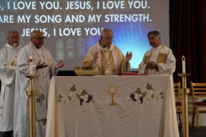 Archbishop José H. Gomez presides over a Welcome Back Mass on Aug. 5 at Cantwell-Sacred Heart of Mary High School in Montebello. (Poncho Romero)