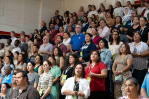 Participants pray during the Welcome Back Mass on Aug. 5 at Cantwell-Sacred Heart of Mary High School in Montebello. (Poncho Romero)