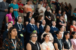 The audience listens to Archbishop José H. Gomez’s homily during the Welcome Back Mass on Aug. 5 at Cantwell-Sacred Heart of Mary High School in Montebello. (Poncho Romero)