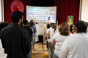 Participants line up for holy Communion during the Welcome Back Mass on Aug. 5 at Cantwell-Sacred Heart of Mary High School in Montebello. (Poncho Romero)