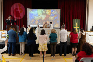 New principals receive a blessing during the Welcome Back Mass on Aug. 5 at Cantwell-Sacred Heart of Mary High School in Montebello. (Poncho Romero)