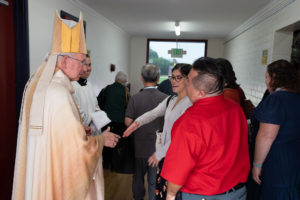 Archbishop José H. Gomez greets educators and staff following the Welcome Back Mass on Aug. 5 at Cantwell-Sacred Heart of Mary High School in Montebello. (Poncho Romero)