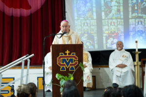 Archbishop José H. Gomez offers the homily during the Welcome Back Mass on Aug. 5 at Cantwell-Sacred Heart of Mary High School in Montebello. (Poncho Romero)