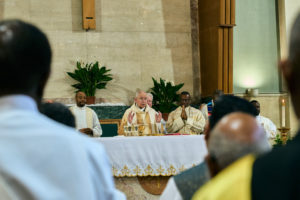 Archbishop José H. Gomez presides over the Aug. 14 funeral Mass for Deacon Hosea Alexander at Holy Name of Jesus Church in Los Angeles. (John Geronilla)
