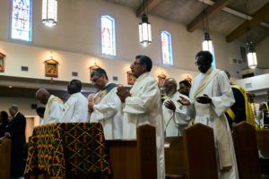 Other deacons attend the Aug. 14 funeral Mass for Deacon Hosea Alexander at Holy Name of Jesus Church in Los Angeles. (John Geronilla)