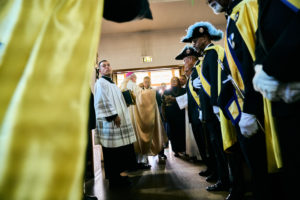 The Knights of Columbus line up for the Aug. 14 funeral Mass for Deacon Hosea Alexander at Holy Name of Jesus Church in Los Angeles. (John Geronilla)