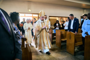 Archbishop José H. Gomez processes in to begin the Aug. 14 funeral Mass for Deacon Hosea Alexander at Holy Name of Jesus Church in Los Angeles. (John Geronilla)