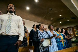 The choir and band perform during the Aug. 14 funeral Mass for Deacon Hosea Alexander at Holy Name of Jesus Church in Los Angeles. (John Geronilla)