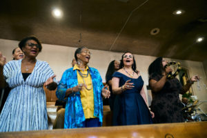 The choir and band perform during the Aug. 14 funeral Mass for Deacon Hosea Alexander at Holy Name of Jesus Church in Los Angeles. (John Geronilla)