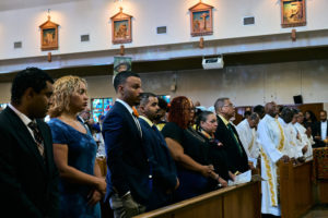 Family members and loved ones attend the Aug. 14 funeral Mass for Deacon Hosea Alexander at Holy Name of Jesus Church in Los Angeles. (John Geronilla)
