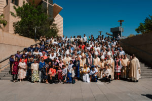 Archbishop José  H. Gomez poses with the bishops, priests, and the faithful who attended the 
