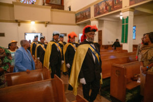 Fourth degree Knights of Peter Claver from Los Angeles lead the honor guard at the Sept. 6 Mass of Thanksgiving at Transfiguration Church for Greg Warner Sr.’s election as supreme navigator of the national Knights of Peter Claver. (John Rueda)