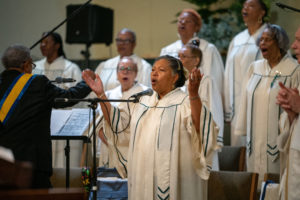 The choir performs during the Sept. 6 Mass of Thanksgiving at Transfiguration Church for Greg Warner Sr.’s election as supreme navigator of the national Knights of Peter Claver. (John Rueda)