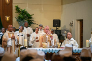 Archbishop José H. Gomez presides over the Sept. 6 Mass of Thanksgiving at Transfiguration Church for Greg Warner Sr.’s election as supreme navigator of the national Knights of Peter Claver. (John Rueda)