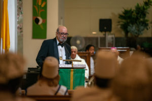 Greg Warner Sr. speaks at a Sept. 6, 2026 Mass of Thanksgiving for his election as supreme navigator of the Knights of Peter Claver at Transfiguration Church in Los Angeles. (John Rueda)