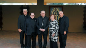 Archbishop José H. Gomez, center, poses with the honorees at the 2026 St. John's Seminary Gala at the Cathedral of Our Lady of the Angels on Sept. 19. From left: Father Steven Sallot, Msgr. Francis Hicks, Archbishop Gomez, Marge Graf, and Father Vaughn Winters. (Belle N’ Beau Photography)