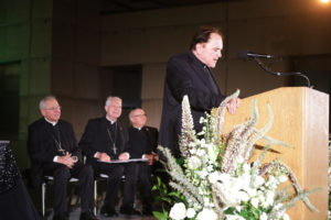 Msgr. Francis Hicks speaks while being honored at the 2026 St. John's Seminary Gala at the Cathedral of Our Lady of the Angels on Sept. 19. (Belle N’ Beau Photography)