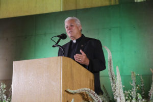 Father Steven Sallot, a retired priest in the Diocese of Orange, speaks while being honored at the 2026 St. John's Seminary Gala at the Cathedral of Our Lady of the Angels on Sept. 19. (Belle N’ Beau Photography)