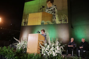 Marge Graf, longtime general counsel for the Archdiocese of Los Angeles, receives the “Evangelii Gaudium”(“The Joy of the Gospel”) Award during the 2026 St. John's Seminary Gala at the Cathedral of Our Lady of the Angels on Sept. 19. (Belle N’ Beau Photography)