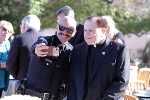 A well-wisher takes a selfie with Msgr. Francis Hicks during the 2026 St. John's Seminary Gala at the Cathedral of Our Lady of the Angels on Sept. 19. (Belle N’ Beau Photography)